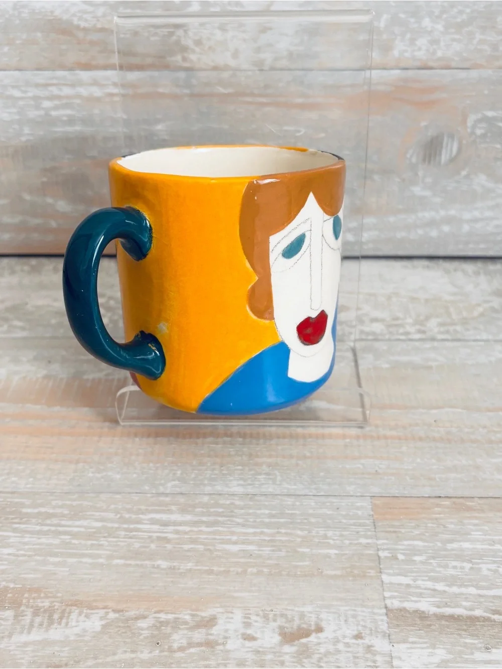 Michelle Burton Mug 1993 Studio Art Pottery Signed Abstract Pop Colorful Faces